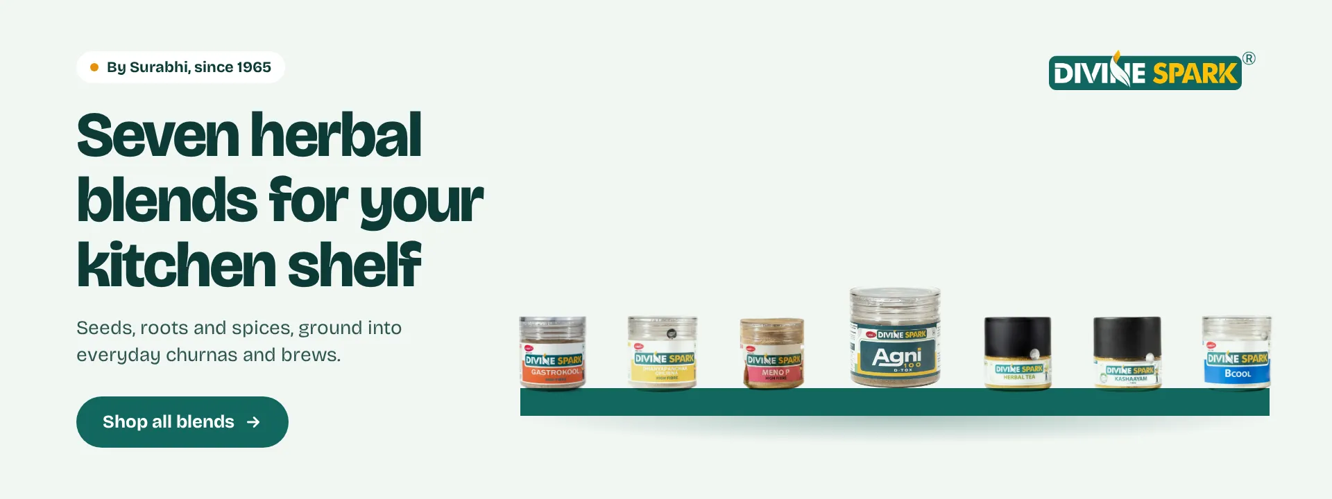 By Surabhi, since 1965. Seven herbal blends for your kitchen shelf. Seeds, roots and spices, ground into everyday churnas and brews. Shop all blends.
